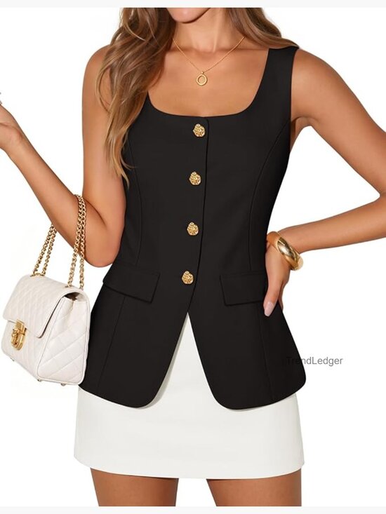 Jackets & Blazers - Square Neck Sleeveless Blazer Vest, Work Business Casual Waistcoat, Button Front